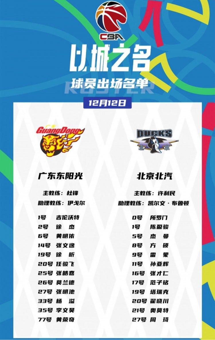 🌟广东男篮vs北京大名单：胡明轩&amp;曾凡博缺阵，周琦客场挑战老东家